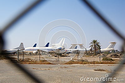 RAS AL KHAIMAH, UNITED ARAB EMIRATES - NOV 09th, 2017: Abandoned Airplane in the desert at Ras Al Khaima airport, shot Editorial Stock Photo