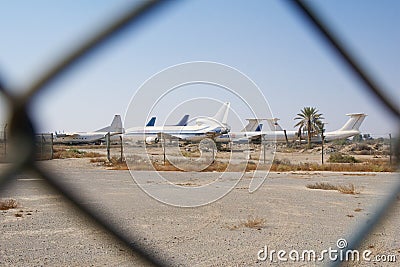 RAS AL KHAIMAH, UNITED ARAB EMIRATES - NOV 09th, 2017: Abandoned Airplane in the desert at Ras Al Khaima airport, shot Editorial Stock Photo