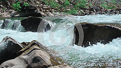 Rasender Gebirgsfluss Wildness des sauberen, klaren Wassers im Gebirgsfluss Langsame Bewegung Konzept der Behandlung von stock video footage Rasender Gebirgsfluss Wildness des sauberen, klaren Wassers im Gebirgsfluss Langsame Bewegung Konzept der Behandlung von stock video footage