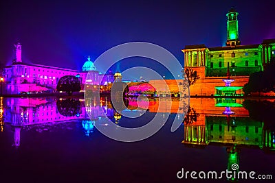 Rashtrapati Bahwan at Night, Coloured lights at Rashtrapati bhawan delhi India, India president house night view Stock Photo
