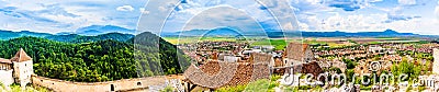 Panorama of Rasnov town as seen from the walls of the citadel in Rasnov, Brasov County, Transylvania, Romania Stock Photo