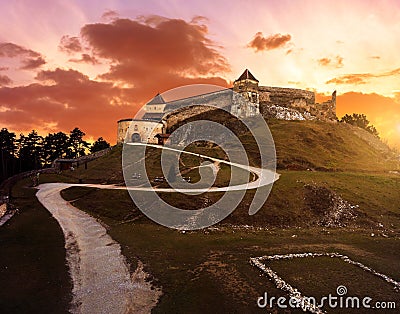 Sunset at Rasnov medieval citadel in Transylvania Stock Photo