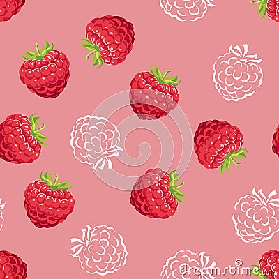 Raspberries seamless pattern on a red background. Vector illustration of ripe berries and white outline Vector Illustration