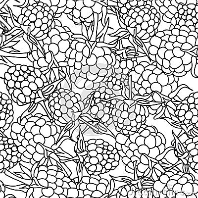 Raspberry blackberry with leaves seamless pettern black outline on isolated on white background for site, blog, coloring book, fab Vector Illustration