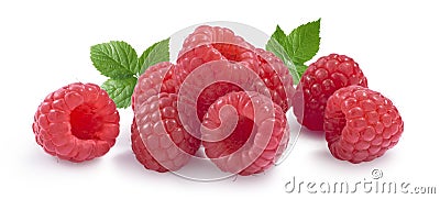 Raspberry horizontal set with leaves isolated on white background Stock Photo