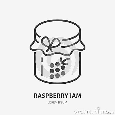 Raspberry jam flat line icon. Vector thin sign of glass jar with jelly logo. Preserve outline illustration Vector Illustration