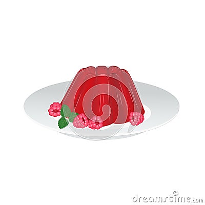 Raspberry jelly cake. Fruit jelly on a plate. Vector Illustration