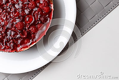 Raspberry jelly cake. Top view, flat, overhead. Copy space and text area Stock Photo