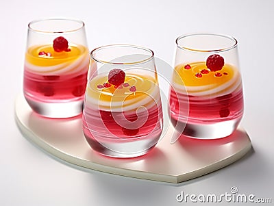 raspberry jelly decorated with panna cotta drizzle and mint leaves, on a white background Stock Photo