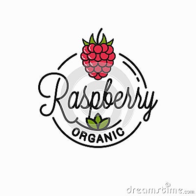 Raspberry logo. Round linear of organic raspberry Vector Illustration