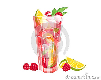 Raspberry mojito cocktail with raspberries, lime, mint and ice. Vector Illustration