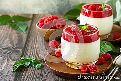 Raspberry Panna cotta with raspberry jelly, Italian dessert, homemade cuisine. Stock Photo