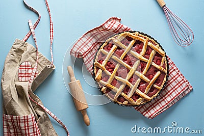 Raspberry pie with a lattice crust. Sweet pastry baking concept Stock Photo