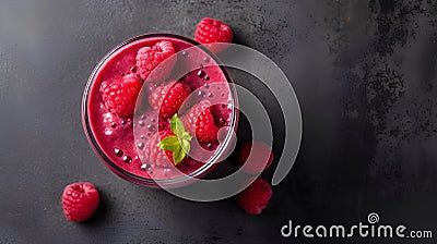 Raspberry smoothie in a glass on a black background, top view Stock Photo