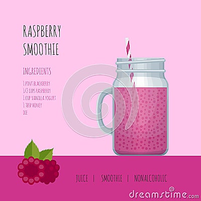 Raspberry smoothie mason jar with recipes and ingredients. Vector Illustration