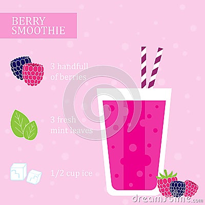 Raspberry smoothie recipe. Vector Illustration