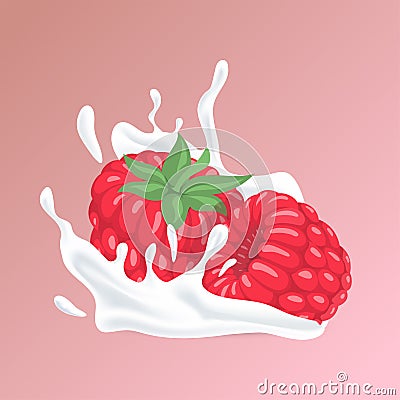 Raspberry and splash of white liquid cartoon illustration. Natural organic cosmetics, yogurt or berry and milk cocktail. Vector Illustration