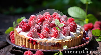 Raspberry tart with cream, powdered sugar, mint leave on green forest background Stock Photo