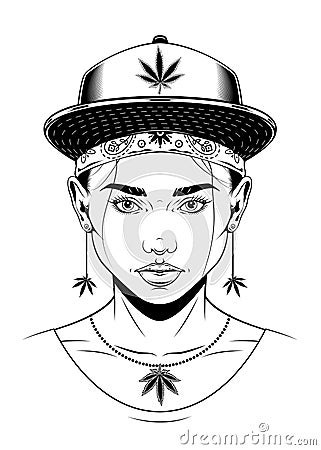 Rasta girl in baseball cap and bandana. Isolated vector monochrome drawing Vector Illustration