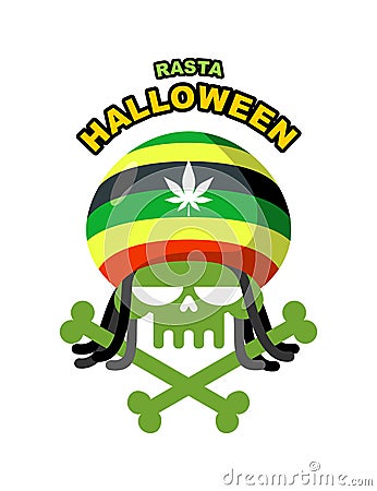 Rasta Halloween Night. Skull addict with dreadlocks and bones. C Vector Illustration