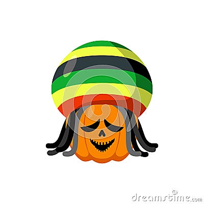 Rasta Halloween. Rastaman hat and dreadlocks. Pumpkin for Rastafarians. Symbol terrible holiday in Jamaican style Vector Illustration