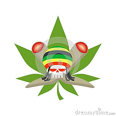 Rasta logo. Rastafarian hat and skull. joint or spliff and marijuana leaf Vector Illustration