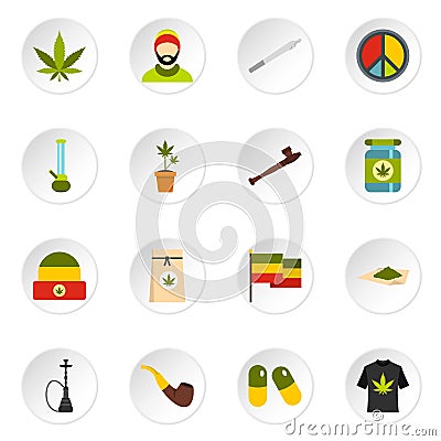 Rastafarian icons set, flat style Vector Illustration