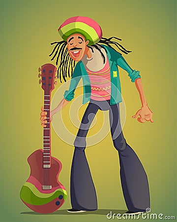 Rastafarian man with dreadlocks and guitar. Funny cartoon character. Vector Illustration