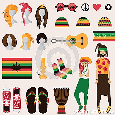 Rastafarian subculture. Couple of young rastaman woman and man with dreadlocks in rasta clothes, set of different objects isolated Stock Photo