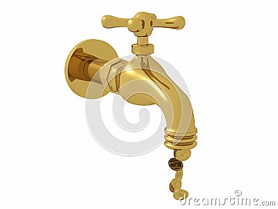 Pipe faucet gold view right drop coin Stock Photo