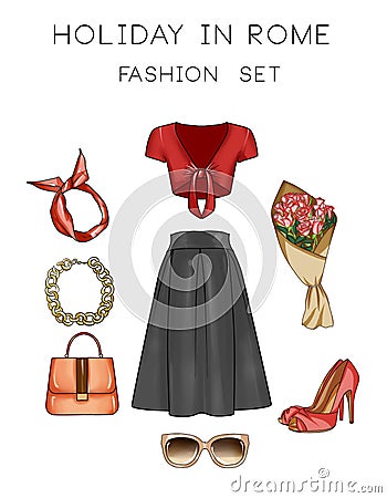 Raster Fashion Illustration set - Clip Art Set of woman's clothes and accessories Stock Photo