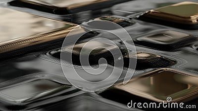 Raster golden texture, gold level lines pattern, curved square rounded metal plates background with reflection. Abstract Stock Photo