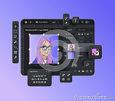 Raster graphics editor. Toolbar. Software for creating retouching and digital art Vector Illustration