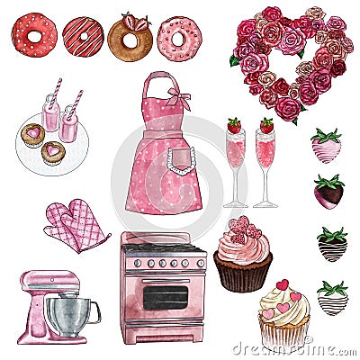 Cliparts collection - group of objects - valentine and retro kitchen and bakery set - Cupcakes, donuts, Stove, Kitchen aid... Stock Photo