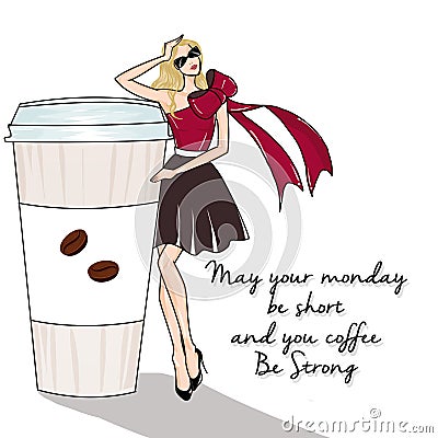 Raster illustration of coffee and blonde girl on text background Cartoon Illustration