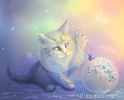 Raster illustration with a kitty and a christmas ball Cartoon Illustration