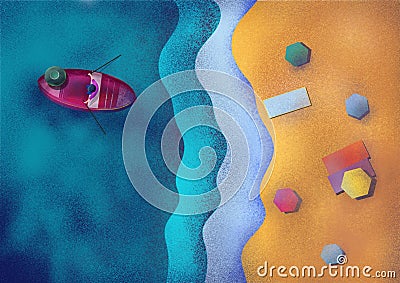 Raster illustration of the sea from above. Summer. Cartoon Illustration