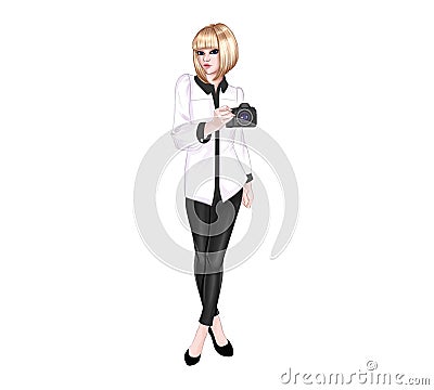 Raster Illustration of young blonde girl holding a camera Stock Photo