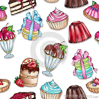 Raster seamless background with variety of sweet food - pastry - cakes Stock Photo