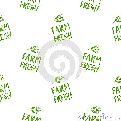 Raster seamless pattern of green logo Farm Fresh for natural farm, organic products. On white background. Stock Photo