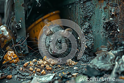 A Rat eating food in a filthy garbage bin ,AI generated Stock Photo