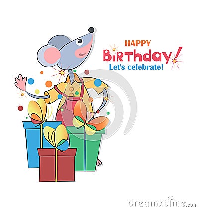 Rat, gifts, butterflies. Happy Birthday. Vector Illustration