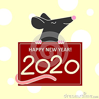 A Rat Or Mouse Holds A New Year, Christmas Poster With Congratulations, With The Numbers 2020. A Cute Smiling Rat Or Mouse. Flat Stock Photo