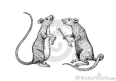 Rat or mouse with a match. Graphic wild animal. Hand drawn vintage sketch. Engraved grunge elements. Vector Illustration