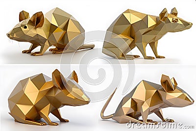 The rat, one of 12 chinese zodiac animal, 4 styles of a low polygon gold model on white background. Stock Photo