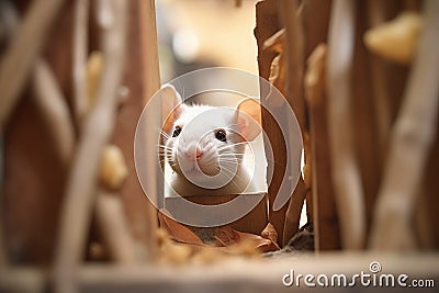 rat peeking through a hole in a maze Stock Photo