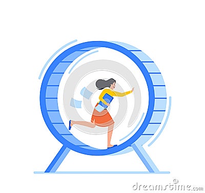 Rat Race Business Concept with Exhausted and Stressed Businesswoman Running in Hamster Wheel Trying to be on Time Vector Illustration