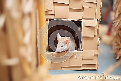 rat reaching a dead end in a cardboard maze Stock Photo