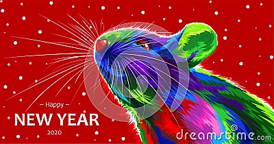 Rat on a red background. Symbol of the Chinese New Year 2020. multicolored, bright animal for a card or calendar. vector mouse. Vector Illustration