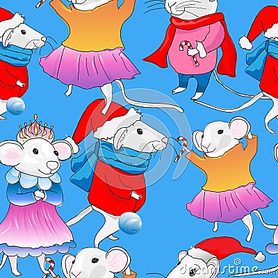 Mouse seamless pattern for the New Year 2020 on a blue background mouse girls and mouse boys Stock Photo